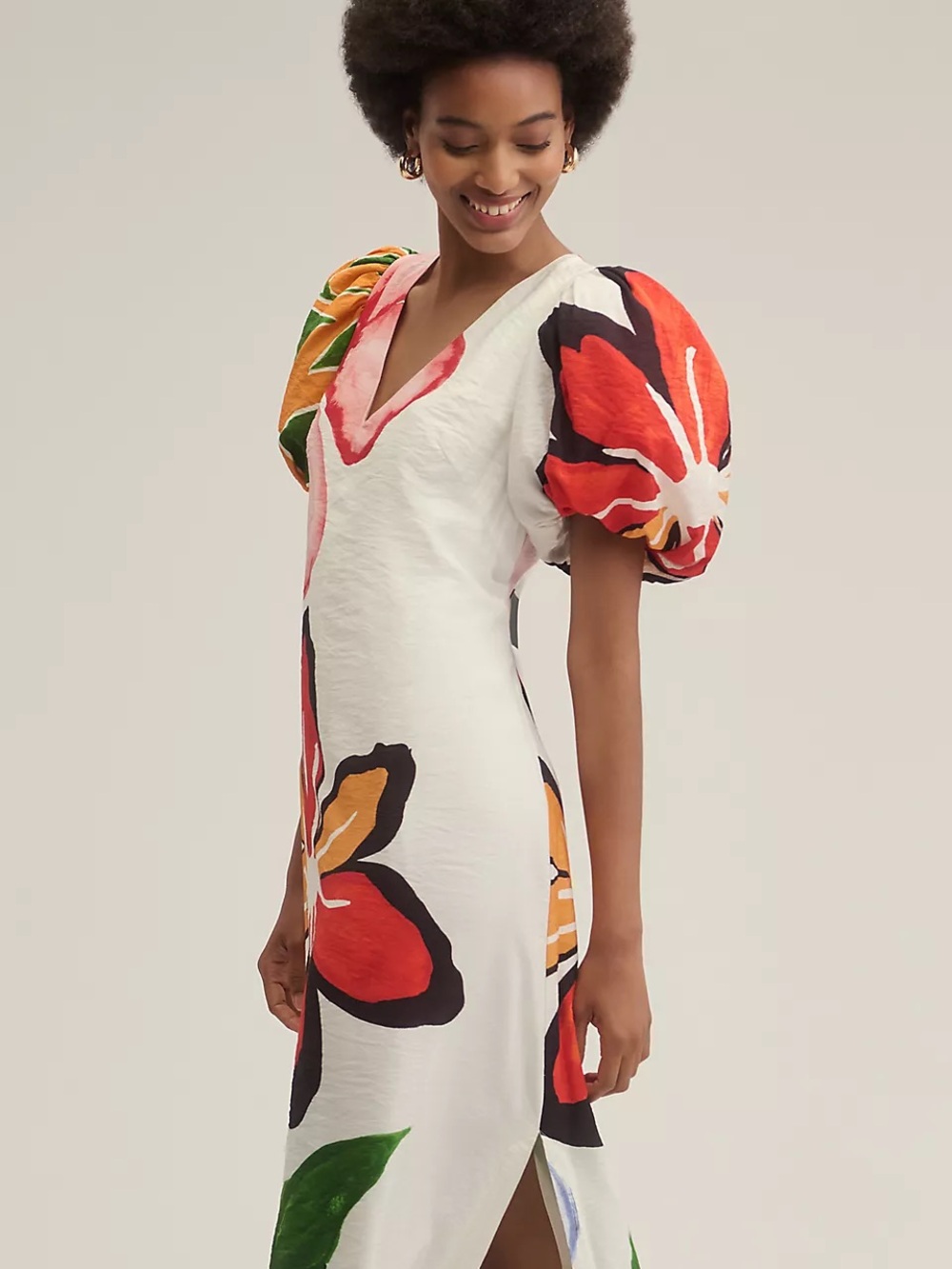 NWT Anthropologie Puff Sleeve Maxi Dress Floral Hibiscus Bloom Art Painting XS - Picture 2 of 4